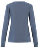 A long-sleeve tee shirt in a muted blue colour, featuring a simple design and a logo on the back.