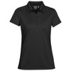 A black women's polo shirt with a classic collar and a button placket, featuring a logo on the label.
