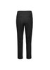 A pair of black women's slim leg pants with a mid-waist design, featuring a smooth back with two pockets and a logo.