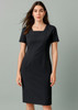 A fitted black short sleeve dress with a square neckline and a logo on the side.