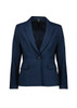 A women's mid-length blazer in navy blue with a single button and tailored design. It features two front pockets and has a logo.