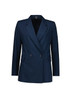 A navy blue double-breasted longline jacket with two front pockets and a sleek design. It features a branding logo.