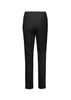 A pair of black mid-waist slim leg pants with a smooth back design and two rear pockets.