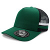 A green trucker cap with black mesh sides and a white stripe. It features a circular logo on the front. A green trucker cap with black mesh sides and a white stripe. It features a circular logo on the front.