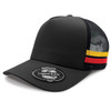 A black trucker cap featuring a mesh back and striped accents in red, yellow, and black. It has a logo on the front. A black trucker cap featuring a mesh back and striped accents in red, yellow, and black. It has a logo on the front.