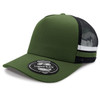 A green trucker cap featuring a mesh back and a logo on the front, with a striped band around the crown. A green trucker cap featuring a mesh back and a logo on the front, with a striped band around the crown.