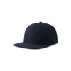 A navy blue flat peak cap made of organic cotton, featuring a simple design and a logo on the front.