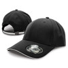 A black cap with a curved brim, featuring a logo and a rear adjustable strap. A black cap with a curved brim, featuring a logo and a rear adjustable strap.