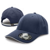 A navy blue cap with a curved brim and adjustable strap at the back, featuring a logo on the front. A navy blue cap with a curved brim and adjustable strap at the back, featuring a logo on the front.