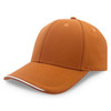 An orange cap with a white accent on the visor and a logo on the front. An orange cap with a white accent on the visor and a logo on the front.