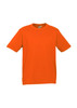 An orange short sleeve tee with a round neckline, featuring a logo on the chest area.