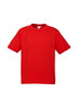 A red short sleeve tee in a casual style, featuring a logo on the label.