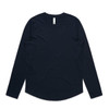 A long-sleeve t-shirt in dark navy blue with a rounded hem and a label inside the neckline.