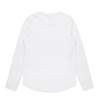 A white long-sleeve T-shirt with a curved hem and a logo on the back.