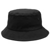 A black bucket hat featuring a simple design and a side logo. Ideal for casual wear or outdoor activities.