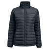 A women's padded puffer jacket in dark grey with a high collar and zipped front. Features vertical quilted sections and branding. A women's padded puffer jacket in dark grey with a high collar and zipped front. Features vertical quilted sections and branding.