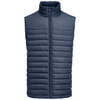 A navy blue padded vest with a zip front and high collar, featuring horizontal quilted patterns and a logo. A navy blue padded vest with a zip front and high collar, featuring horizontal quilted patterns and a logo.