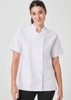 A women's short-sleeved white jacket with a mandarin collar and snap buttons, featuring two front pockets.