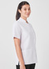 A white short-sleeved jacket with a collared design, featuring a button-down front and a side pocket.