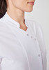 A white women's jacket with a stand-up collar and decorative buttons, featuring a sleek and professional design.