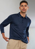 A navy long sleeve polo shirt with a collar and button placket, worn by a model. It has a logo.