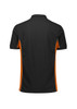 A unisex polo shirt in black with orange accents, featuring a logo on the back.