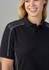 A unisex short sleeve polo shirt in black with contrasting grey detailing and a logo on the chest.