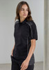 A black unisex short sleeve polo shirt with grey accents and a logo. The model is standing against a neutral backdrop.