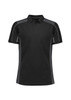 A black unisex polo shirt featuring grey accents and a branding logo on the chest.