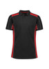 Unisex grid short sleeve polo in black with red side panels. Features a collar and three-button placket. Includes a logo.
