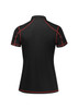 A women's short sleeve polo shirt in black with red piping and a logo on the side.