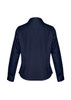 A navy blue long sleeve shirt for ladies, featuring a fitted design and a back yoke. Includes a logo.
