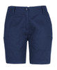 Navy multicoloured cargo shorts with multiple pockets and a button closure, featuring a logo.