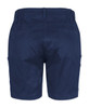 A pair of navy blue cargo shorts featuring multiple pockets and an elastic waistband.
