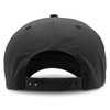 A black cap with an adjustable strap at the back, featuring a logo.