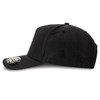 A black cap with a curved visor and a logo on the front, featuring a six-panel design.