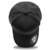 A black cap with a curved brim and a logo on the side, featuring six panels and vent eyelets.