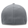 A grey cap with a smooth fabric finish and a rounded back, featuring stitching details and a logo.