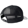 A trucker cap featuring a black mesh back and a grey front panel. It has an adjustable strap.