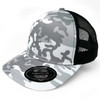 A grey and black camouflage trucker cap with a mesh backing and a branded logo patch.