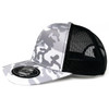 A grey and black camo trucker cap with a mesh back and a branded logo on the front.