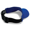A blue sports visor with a black adjustable strap and a branded logo on the back.