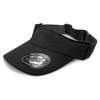 A black sports visor with a wide brim and an adjustable strap, featuring a logo on the front.