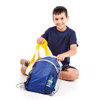A drawstring bag in blue and yellow, held by a boy, with items visible inside. The bag features a logo.
