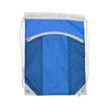A blue drawstring bag featuring a mesh pocket and a top zipper, with a light grey trim and branding.