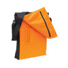An orange and black satchel with a zippered top and front pockets, featuring a shoulder strap.