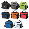 A collection of cooler bags in various colours including green, red, orange, blue, and white, each with a handle and strap.