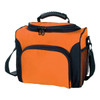An orange cooler bag with black accents, featuring a zippered top, front pocket, and adjustable shoulder strap.