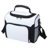 A white and black cooler bag featuring a zippered top, carrying handle, and side mesh pocket. It has a logo on it.