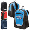 A series of Reflex Backpacks in black with blue, red, and navy options, each featuring a logo on the front.
